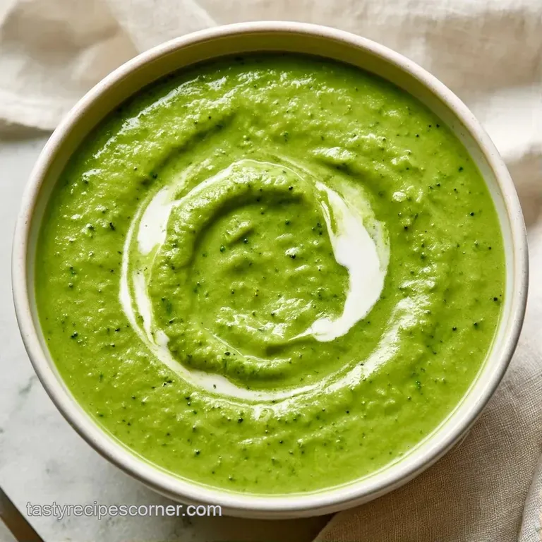 A deep white bowl of thick green soup served with a toasted sourdough slice on a rustic linen tablecloth.