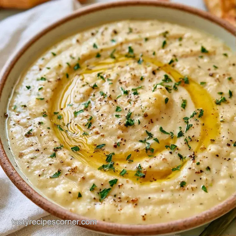 A minimalist white bowl of silky white puree topped with a drizzle of golden oil and delicate micro-herbs.