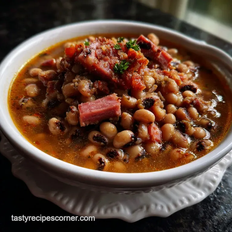 Creamy black-eyed peas with ham artfully arranged in a shallow white bowl, garnished with a sprig of parsley, appealing an...
