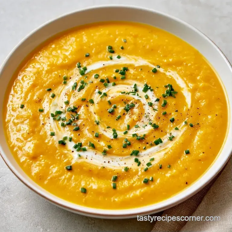 Elegant golden velvety soup in a wide white bowl, garnished with a fresh parsley sprig and a drizzle of oil.