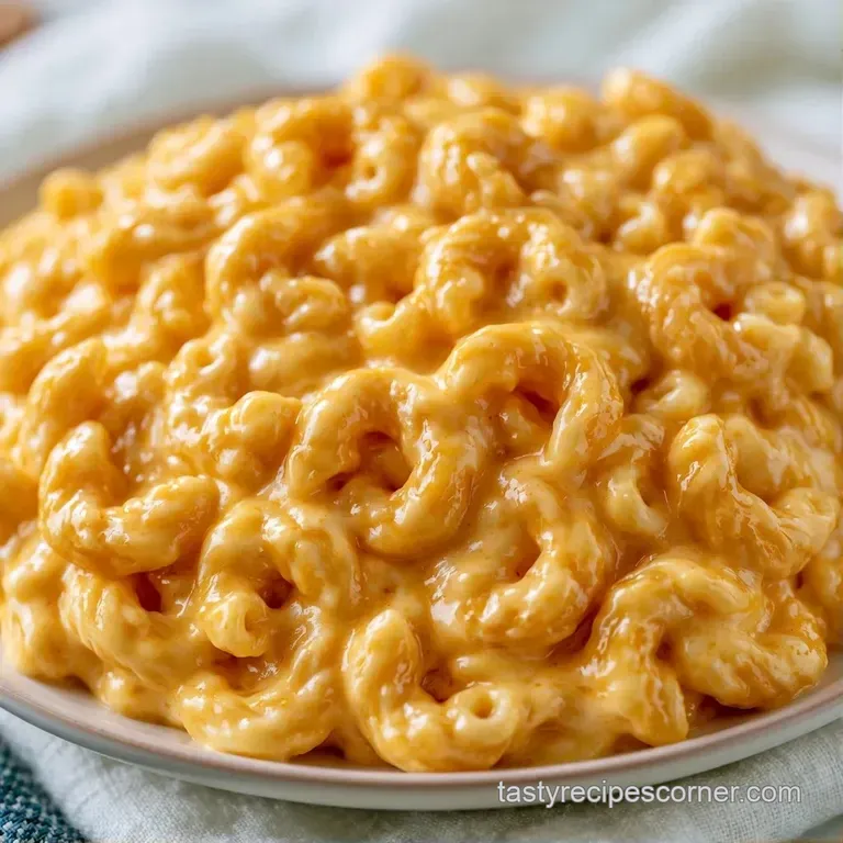 Rich yellow macaroni curls in a stylish bowl, topped with cracked black pepper and a sprig of green herbs.