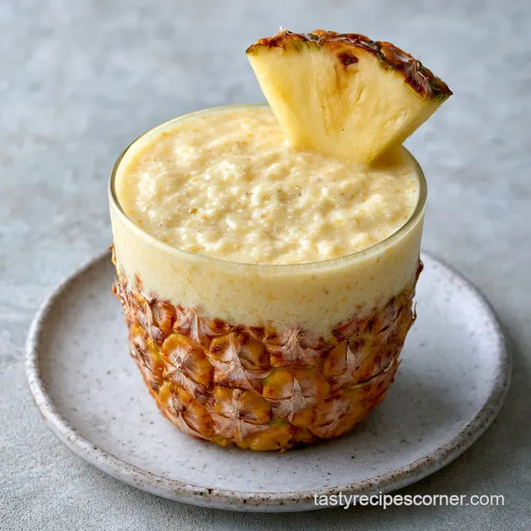 A frosty tall glass of pale yellow drink topped with toasted coconut shreds and a bright green mint leaf garnish.