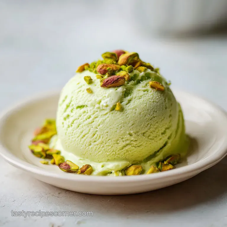 A perfect scoop of creamy pistachio ice cream in a chilled glass bowl, garnished with crushed green nuts.