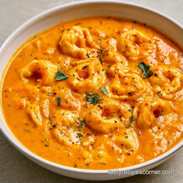 Vibrant orange soup in a white ceramic bowl topped with fried sage leaves and a sprinkle of black pepper.