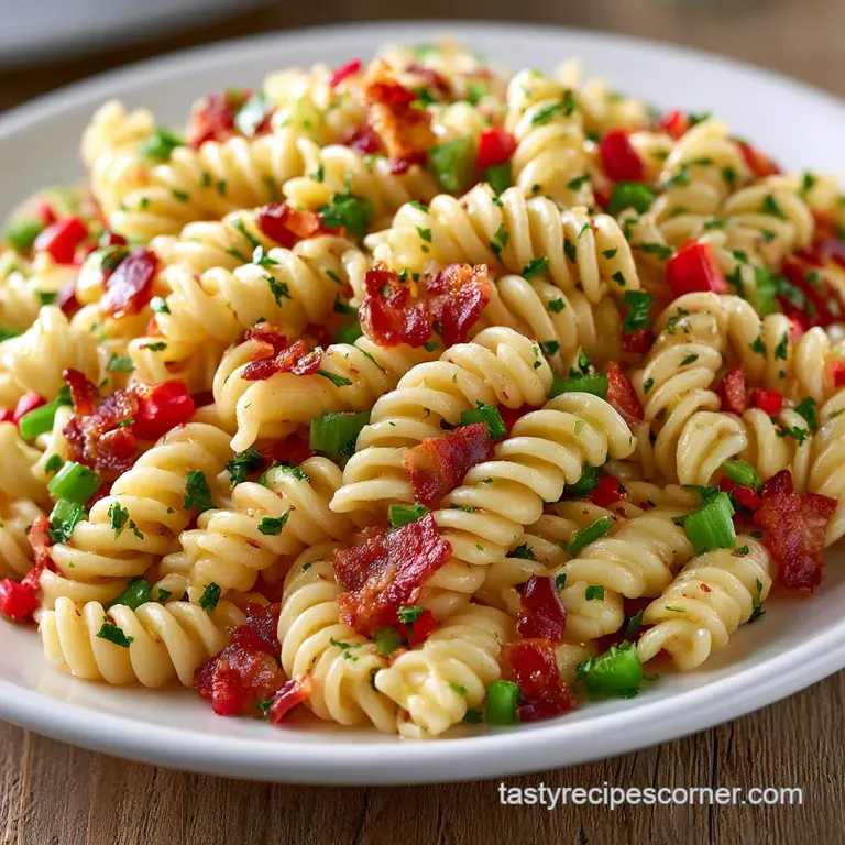 Spiral pasta tossed in a glossy white dressing with smoky brown bacon crumbles served in a modern ceramic dish.