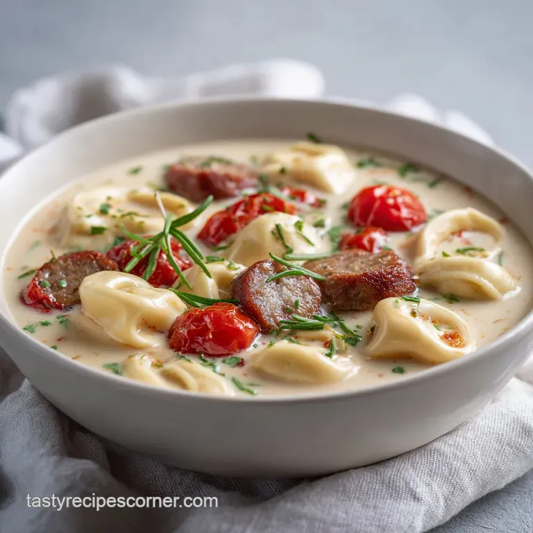 A white bowl of velvety soup with golden sausage bits, topped with a cream swirl and fresh cracked pepper.