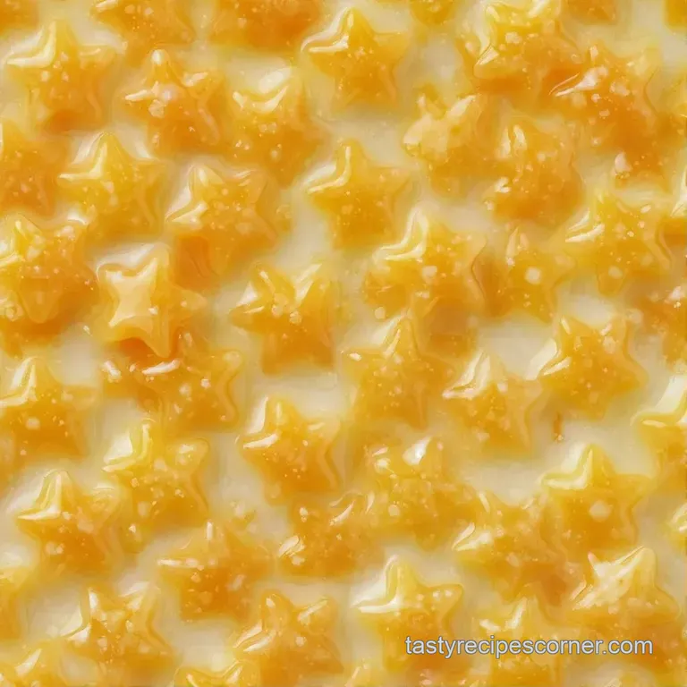 A white ceramic bowl filled with tiny golden stars in a shimmering broth, set on a soft, neutral linen napkin.