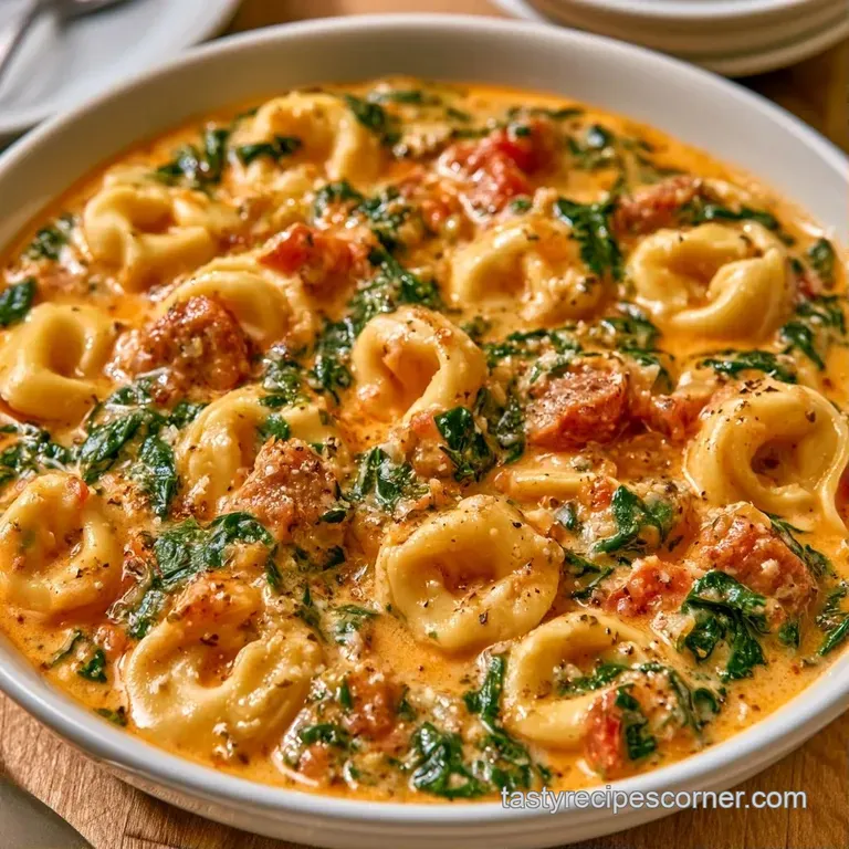Elegant white bowl of rich soup featuring plump pasta and wilted spinach, topped with grated cheese and pepper.