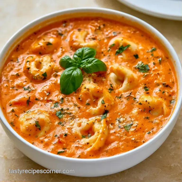 Vibrant red-orange soup in a white bowl, garnished with a creamy swirl and fresh herbs next to crusty bread.