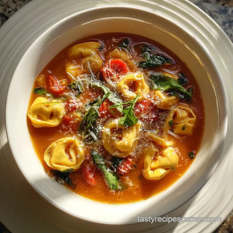 Steaming bowl of tortellini soup, garnished with fresh herbs. A swirl of cream creates an appetizing marble effect.