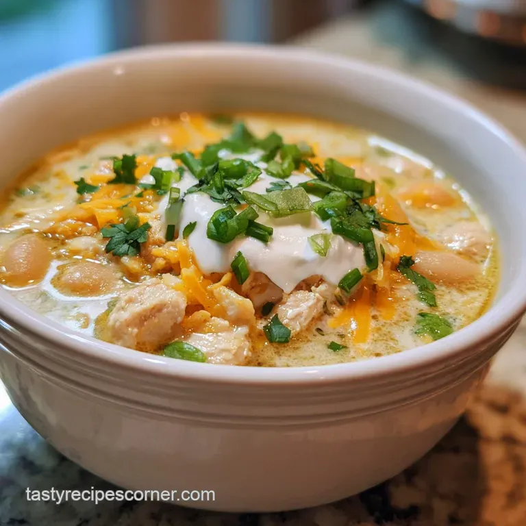 Elegant bowl of steaming white chicken chili. Cilantro, a lime wedge, and dollops of sour cream add vibrant freshness.
