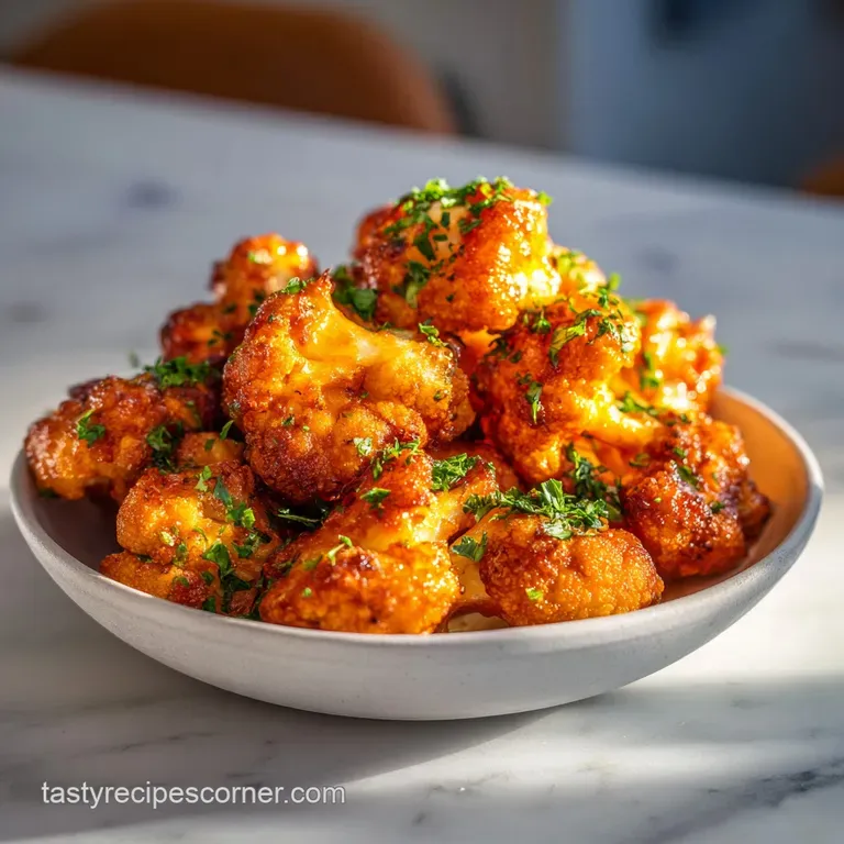 Crispy, baked cauliflower 'wings' piled high on a rustic wooden board, sprinkled with herbs.