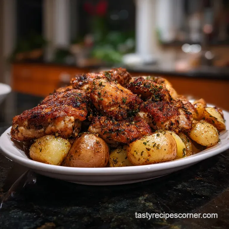 Golden, crispy chicken thigh atop a bed of rosemary-roasted potatoes. The Parmesan crust glistens, inviting a bite.