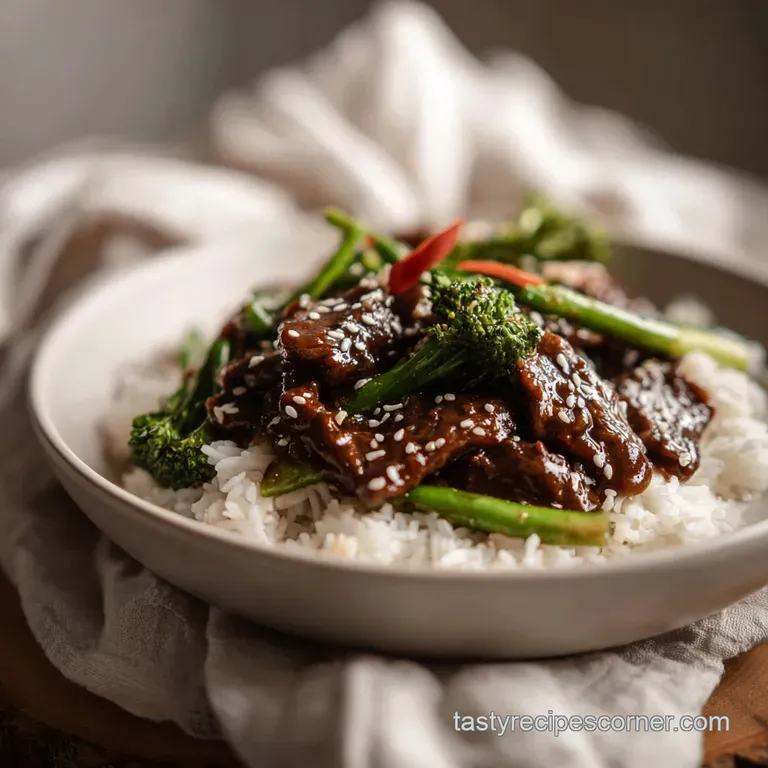 Sizzling Mongolian beef with vibrant scallions artfully arranged in a ceramic bowl, ready to be served.