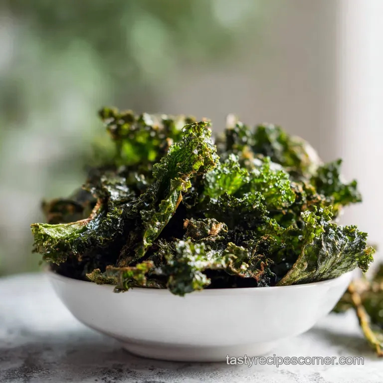 A delicate mound of golden-green kale chips artfully arranged on a white plate, showcasing their delicate crisp texture.