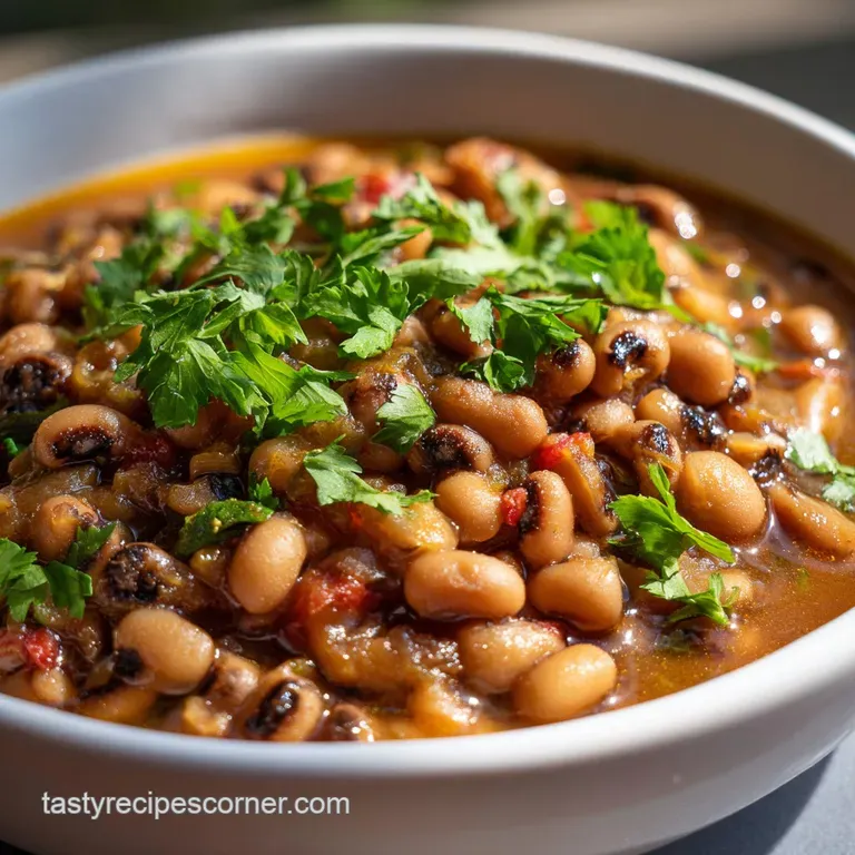 Creamy black-eyed peas nestled in a white bowl with a bright green scallion garnish, hinting at down-home comfort.