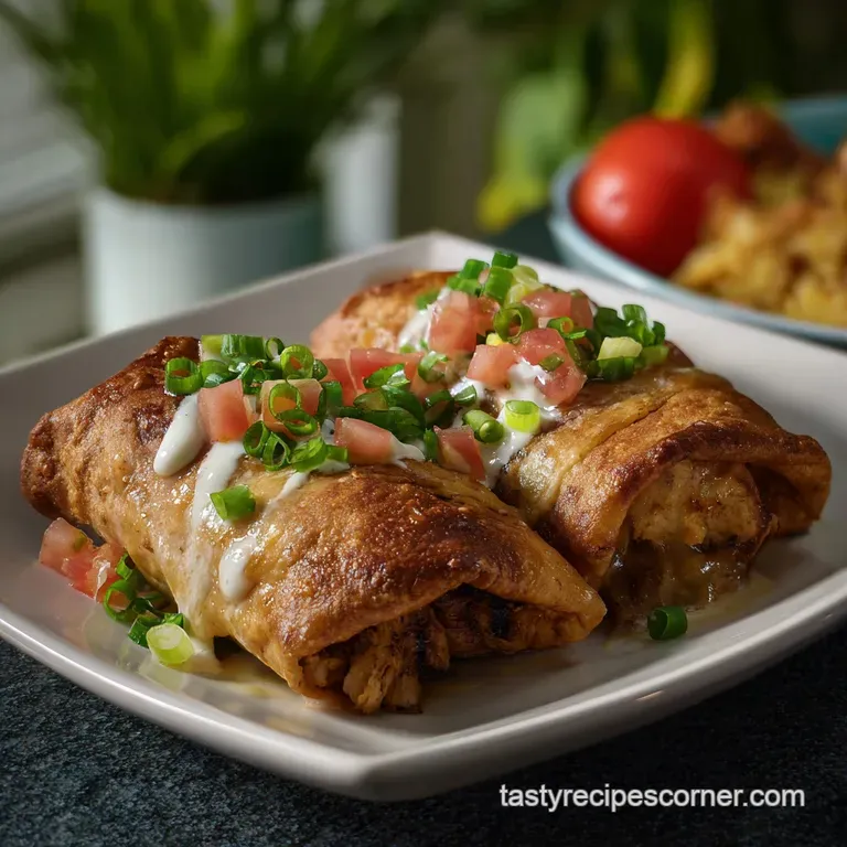 Two crispy chimichangas on a white plate, drizzled with cream and salsa, with a side of rice and fresh cilantro sprigs.
