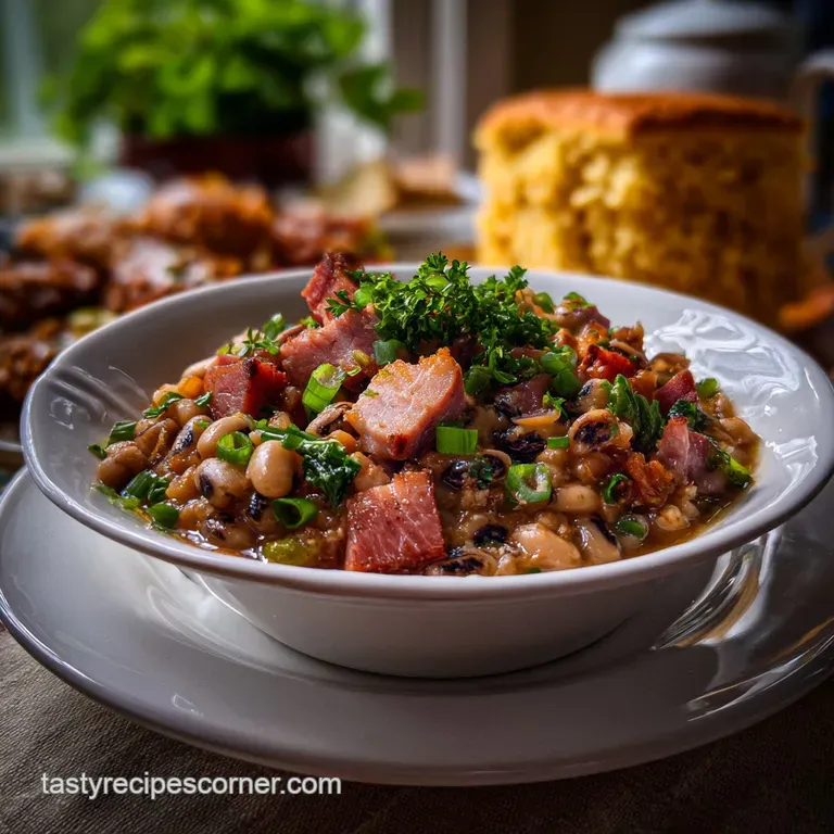 Plated Hoppin' John: Creamy rice and peas with a delicate sprinkle of fresh herbs and a generous portion of smoky ham, rea...