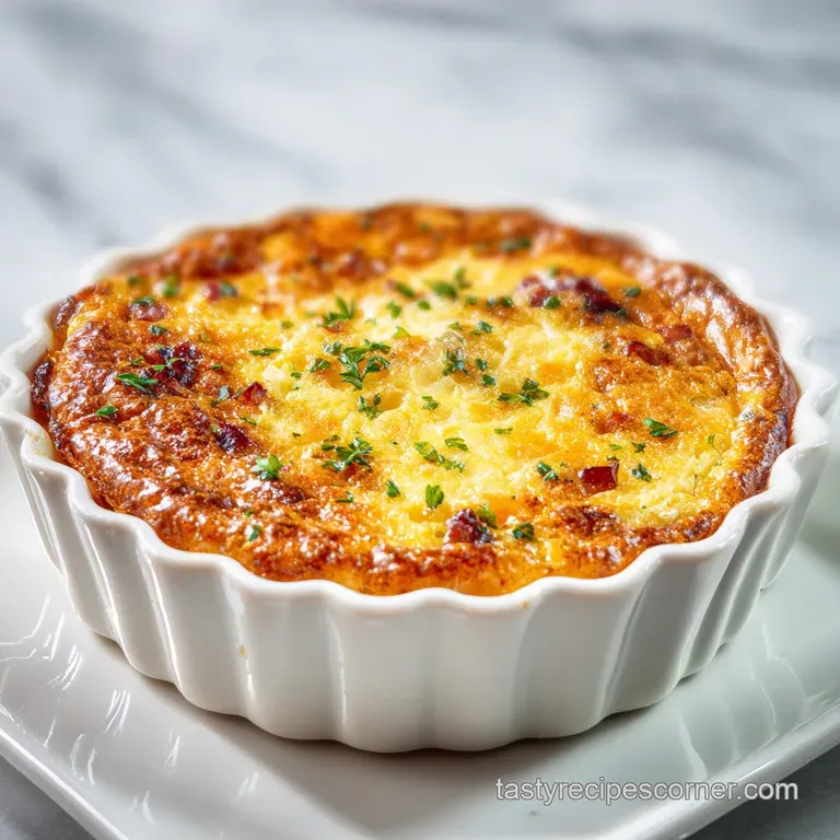 Wedge of creamy quiche lorraine on a white plate, golden-brown top, parsley garnish, hinting at rich, savory flavors, invi...