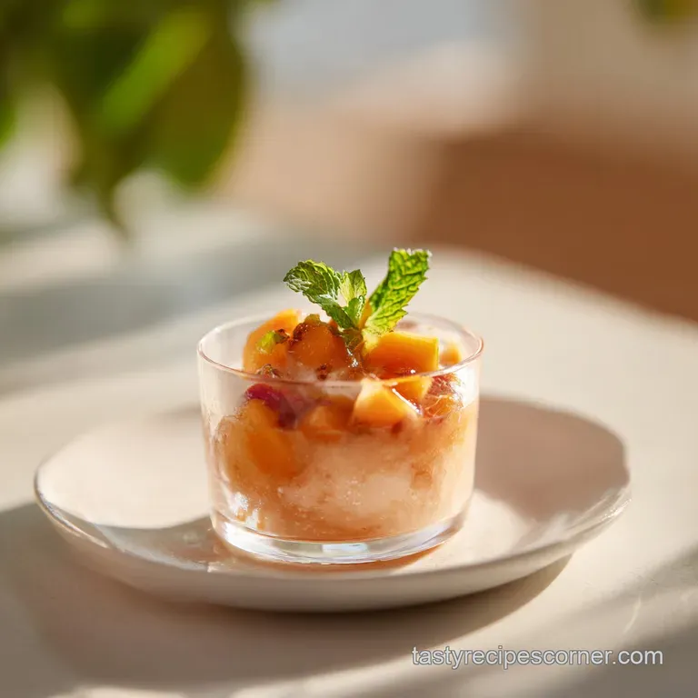 An elegant frosted glass filled with amber peach cocktail, garnished with mint and a peach slice.