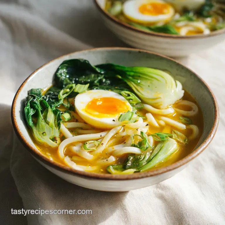 A steaming bowl of golden curry udon, artfully garnished with a sprinkle of toasted sesame seeds.