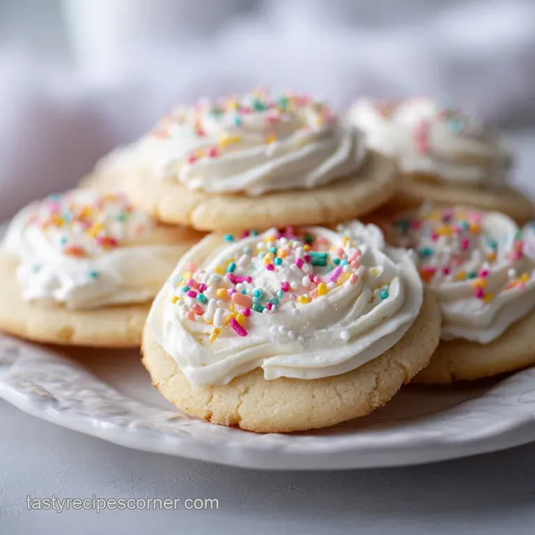 A single sugar cookie with tall buttercream frosting and rainbow sprinkles on a delicate plate, suggesting a delightful tr...