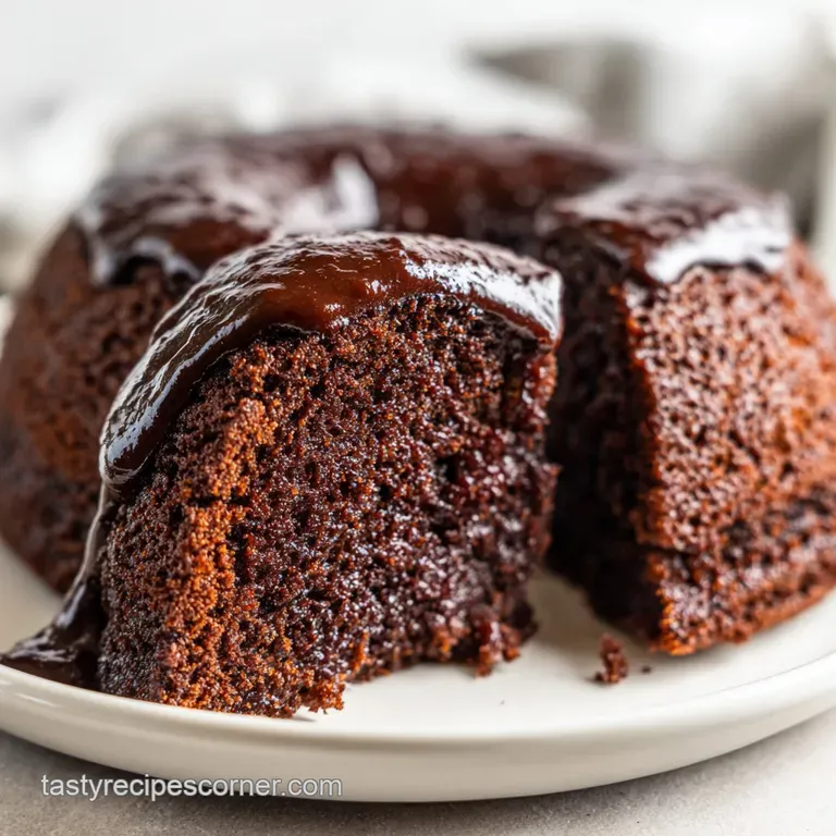Slice of moist chocolate cake on a white plate, drizzled with ganache, powdered sugar dusting, raspberries to the side.