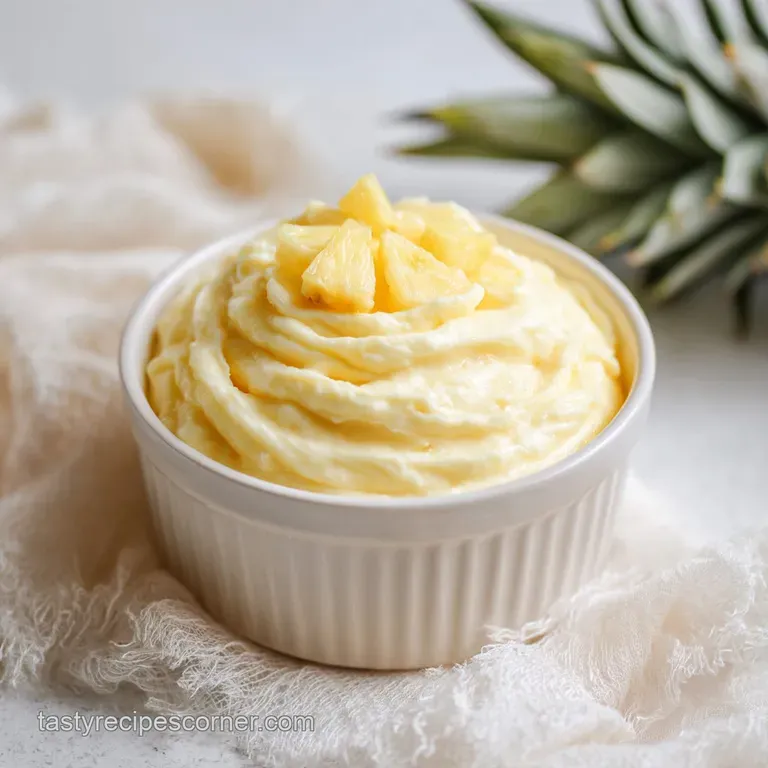 A tall, frosty glass filled with airy pineapple whip, topped with a maraschino cherry.