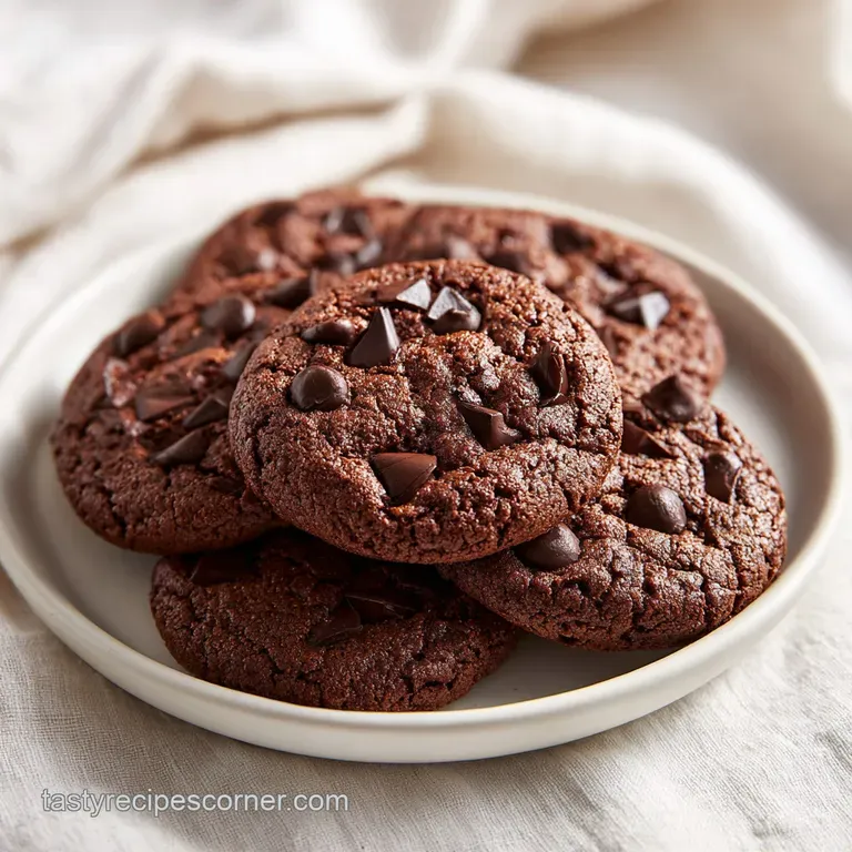 Stack of double chocolate cookies with mint chips. A halved Andes mint rests on top, dusted with powdered sugar.