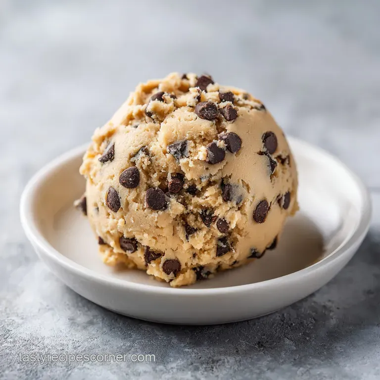 Neatly scooped balls of edible cookie dough on a white plate, sprinkled with coarse sea salt, next to a spoon on a linen n...