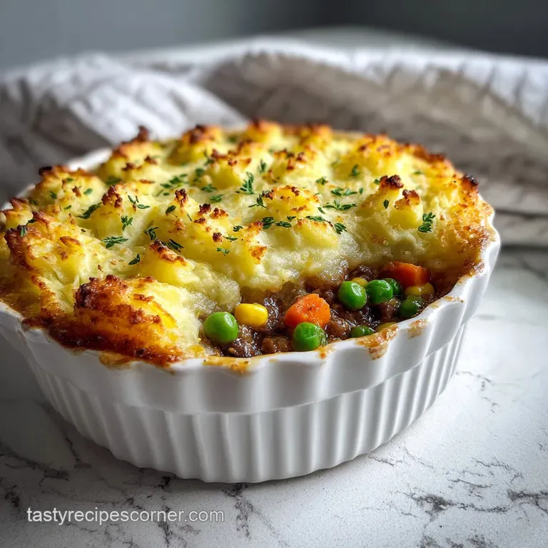 Creamy mashed potato swirl topping a rich, browned shepherd's pie, garnished with fresh parsley. Comfort food elevated.