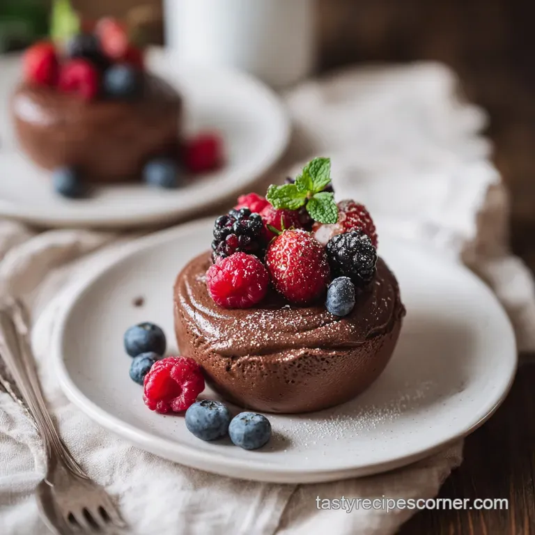 Rich chocolate mousse elegantly scooped into a glass dish, topped with delicate cocoa powder dust.