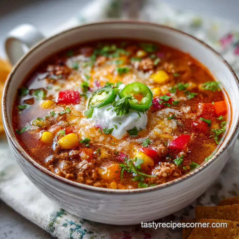 Steaming taco soup garnished with shredded cheese and a dollop of sour cream in a rustic bowl. A side of crispy tortilla ...