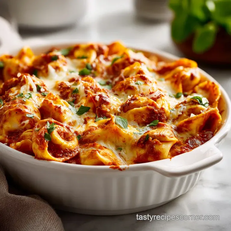 A rustic bowl filled with creamy tortellini bake, topped with melted cheese and fresh herbs.