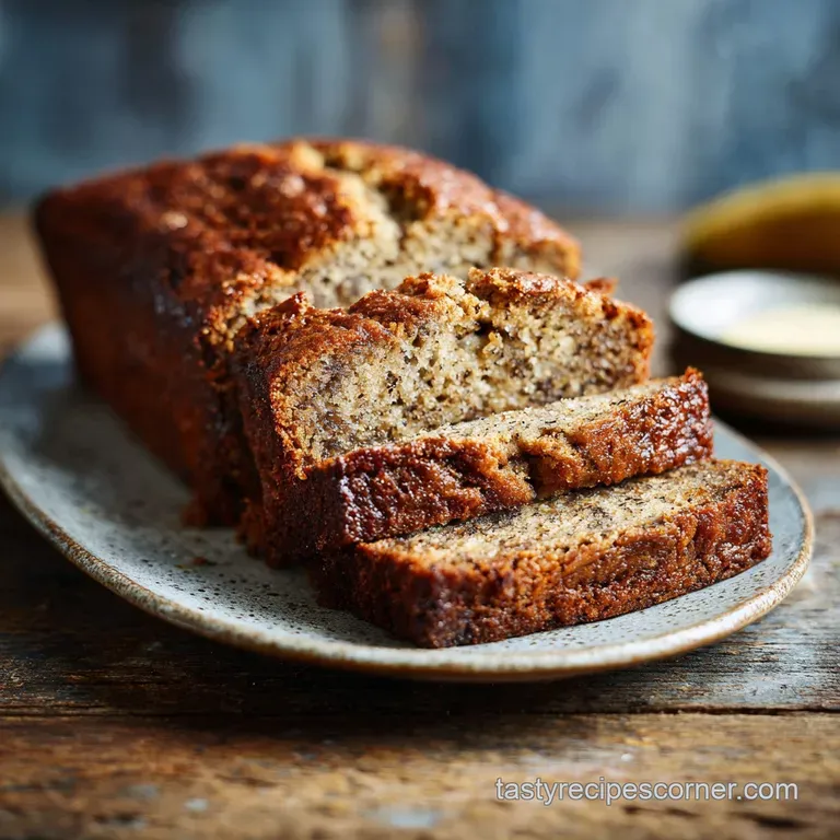 Slice of moist banana bread on a white plate, drizzled with caramel, next to a sprig of mint and a few banana slices.