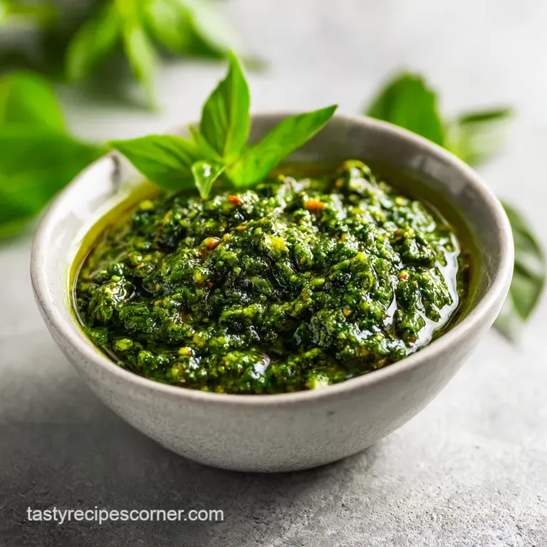 Elegant swirl of bright green herb sauce on a white ceramic plate, garnished with a fresh basil leaf and parmesan