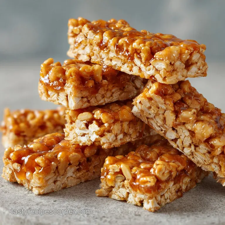 A single honey-glazed cereal bar on a white ceramic plate, accented by a swirl of syrup and a sprig of fresh mint.