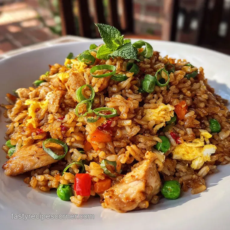 Perfectly plated chicken fried rice featuring fluffy grains with browned chicken chunks, vibrant green onions, and a light...