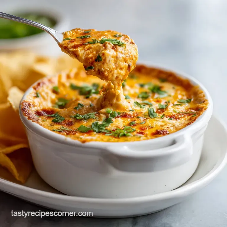 A generous scoop of steaming chili cheese dip served in a rustic stoneware bowl, garnished with cilantro.