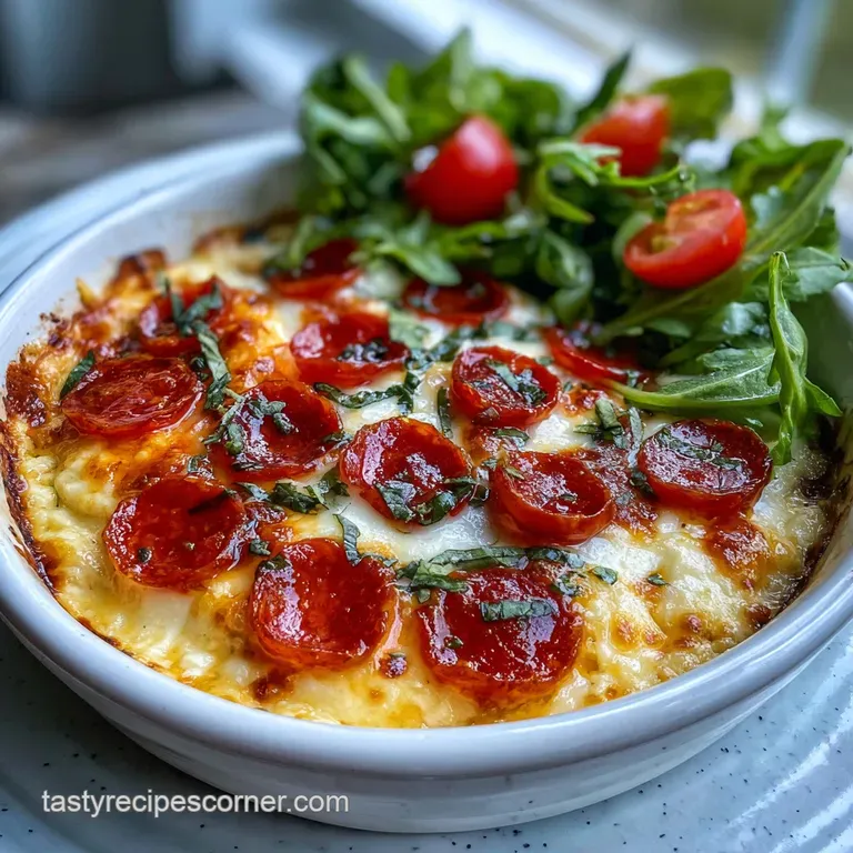 Close-up of a cottage cheese pizza bowl, revealing crisp edges and melted cheese atop a bed of seasoned ingredients. A lig...