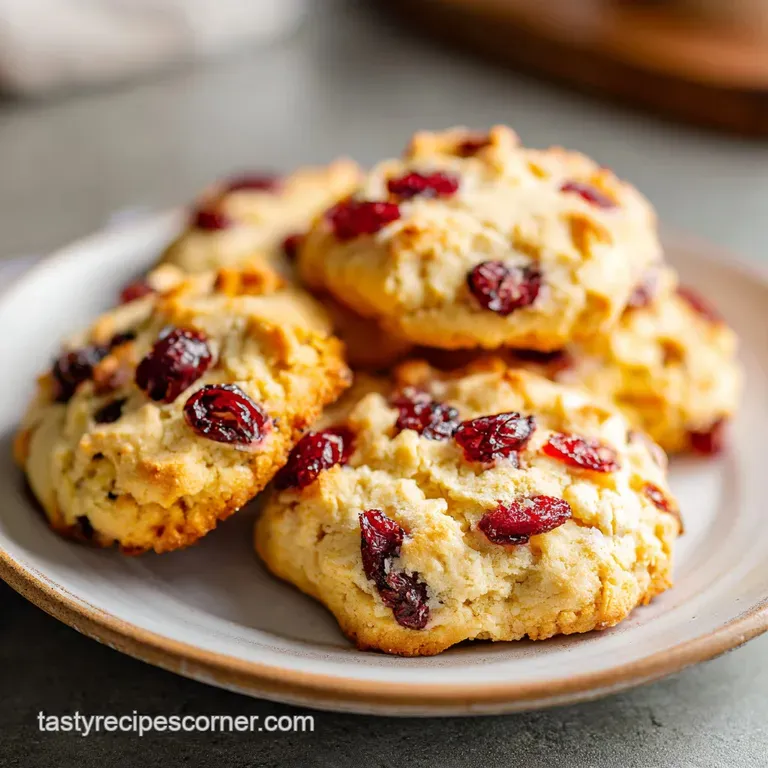 Stack of three frosted cranberry orange cookies on a white plate, crumbly texture with sugared cranberries, and dusting of...