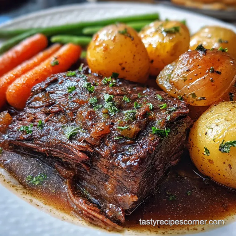 Juicy pot roast slice served with glazed carrots and golden potatoes, glistening with savory juices on a white plate. Pars...