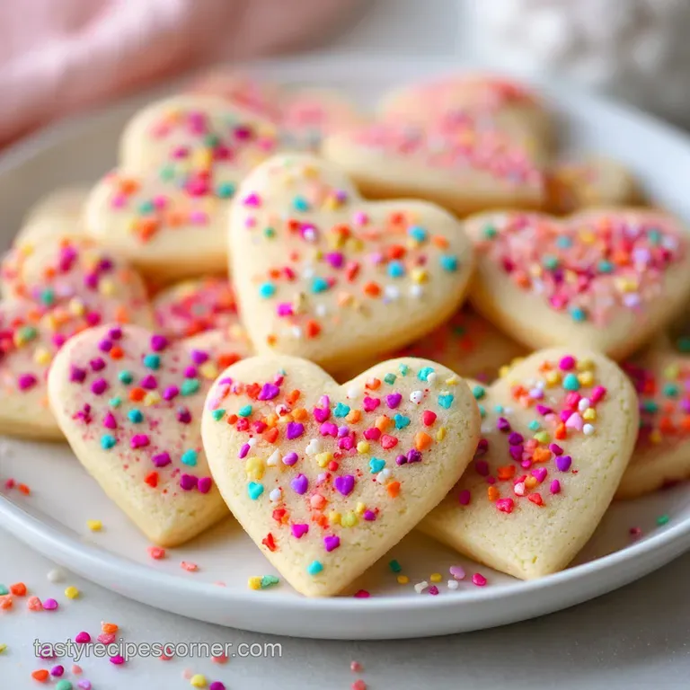 Close-up of frosted heart-shaped sugar cookies decorated with pink, red, and white sprinkles, presented on a tiered desser...