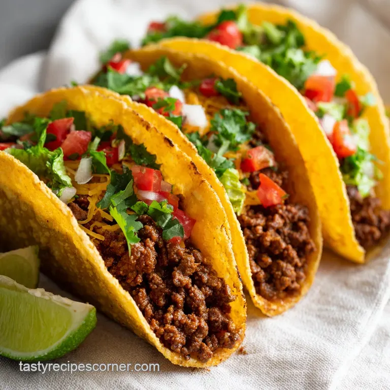 Three perfectly assembled tacos with seasoned beef, crisp lettuce, and a dollop of sour cream, artfully arranged.