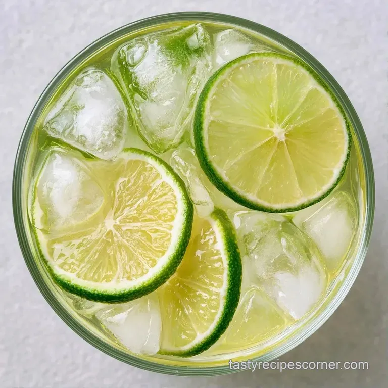 Vibrant yellow beverage in a sleek highball glass garnished with lime wheels and mint on a white marble surface.