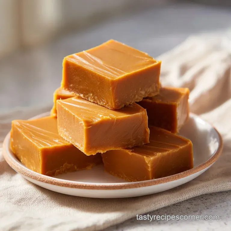 Stacked squares of rich peanut butter fudge on a white plate, highlighted by coarse sea salt.