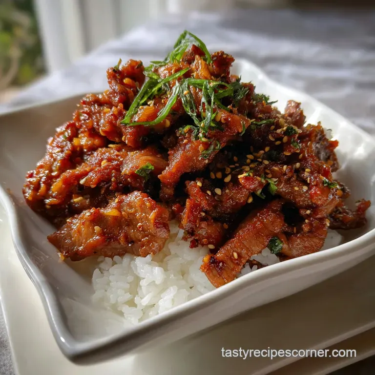 Elegant plate of sizzling Korean BBQ with perfectly charred edges. Garnished with fresh green onions and toasted sesame se...