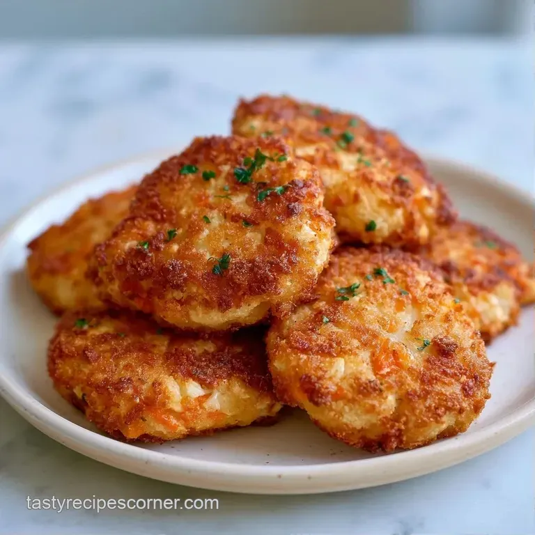 Bite-sized golden breaded pieces arranged neatly on a blue plate with a small dollop of bright red dipping sauce.