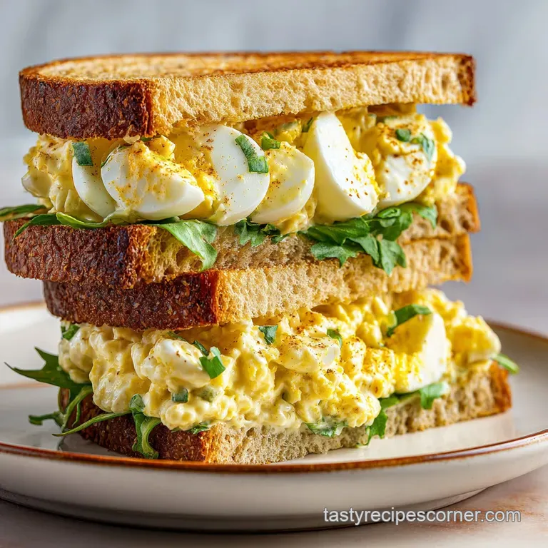 Egg salad sandwich halves neatly arranged with vibrant green lettuce, creamy filling oozing, sitting on a white plate.
