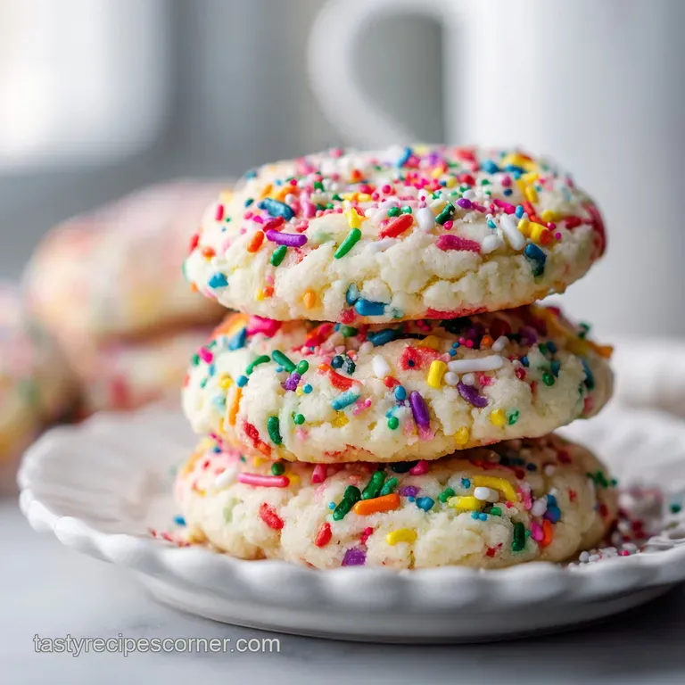 A single egg cookie with vibrant sprinkles rests on a delicate plate, hinting at a soft, chewy texture.